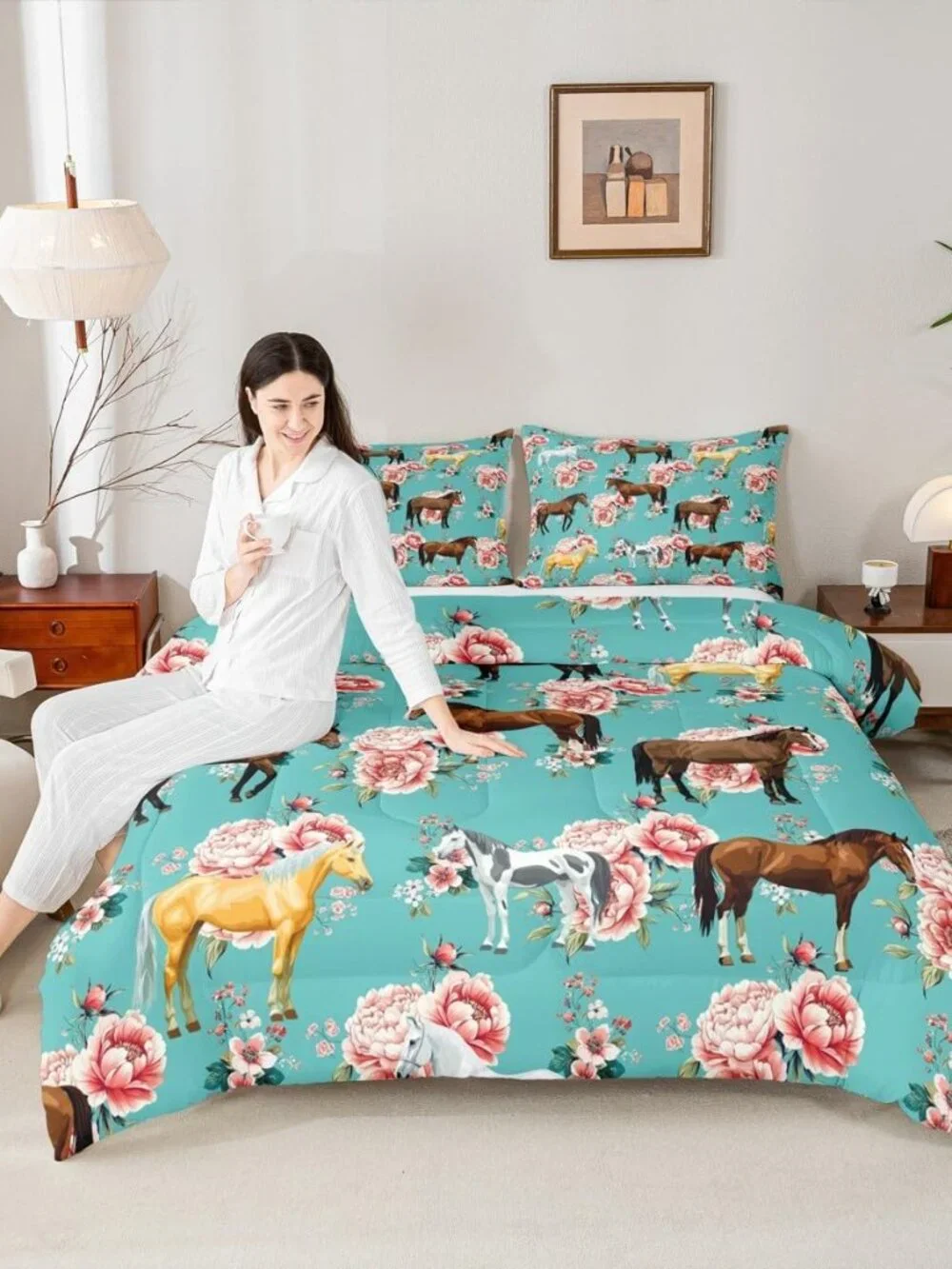 Girls Horse Comforter Set - Full Size Pink Flower Bedding Set for Kids - Gallopi
